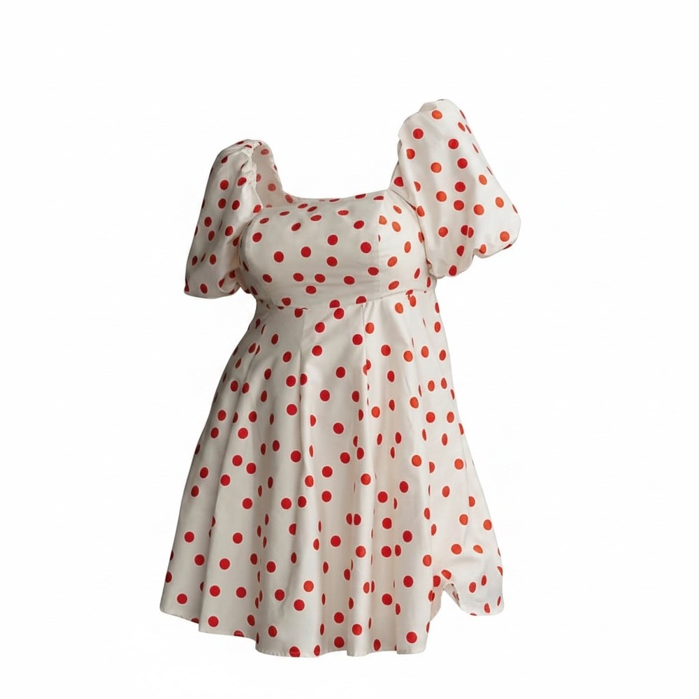 Eloquii Dress Size 20 White Red Polka Dot Puff Sleeve Smocked Back Fit Flare